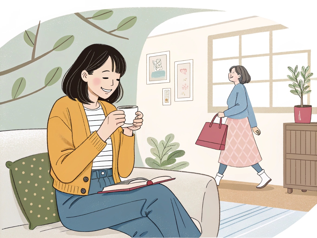 シェアハウスのリビングでくつろいでいる女性