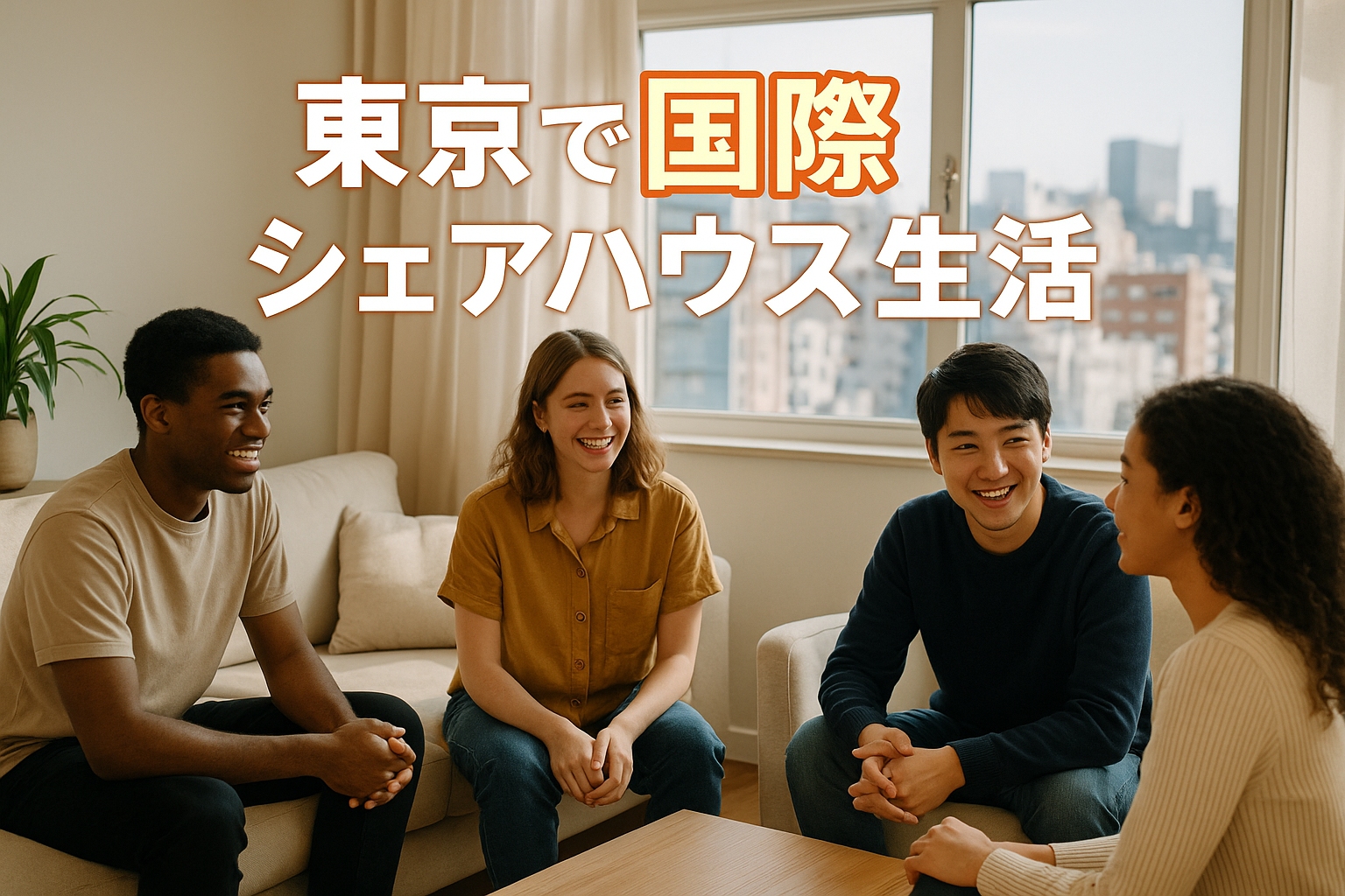 国際的なシェアハウスのリビング