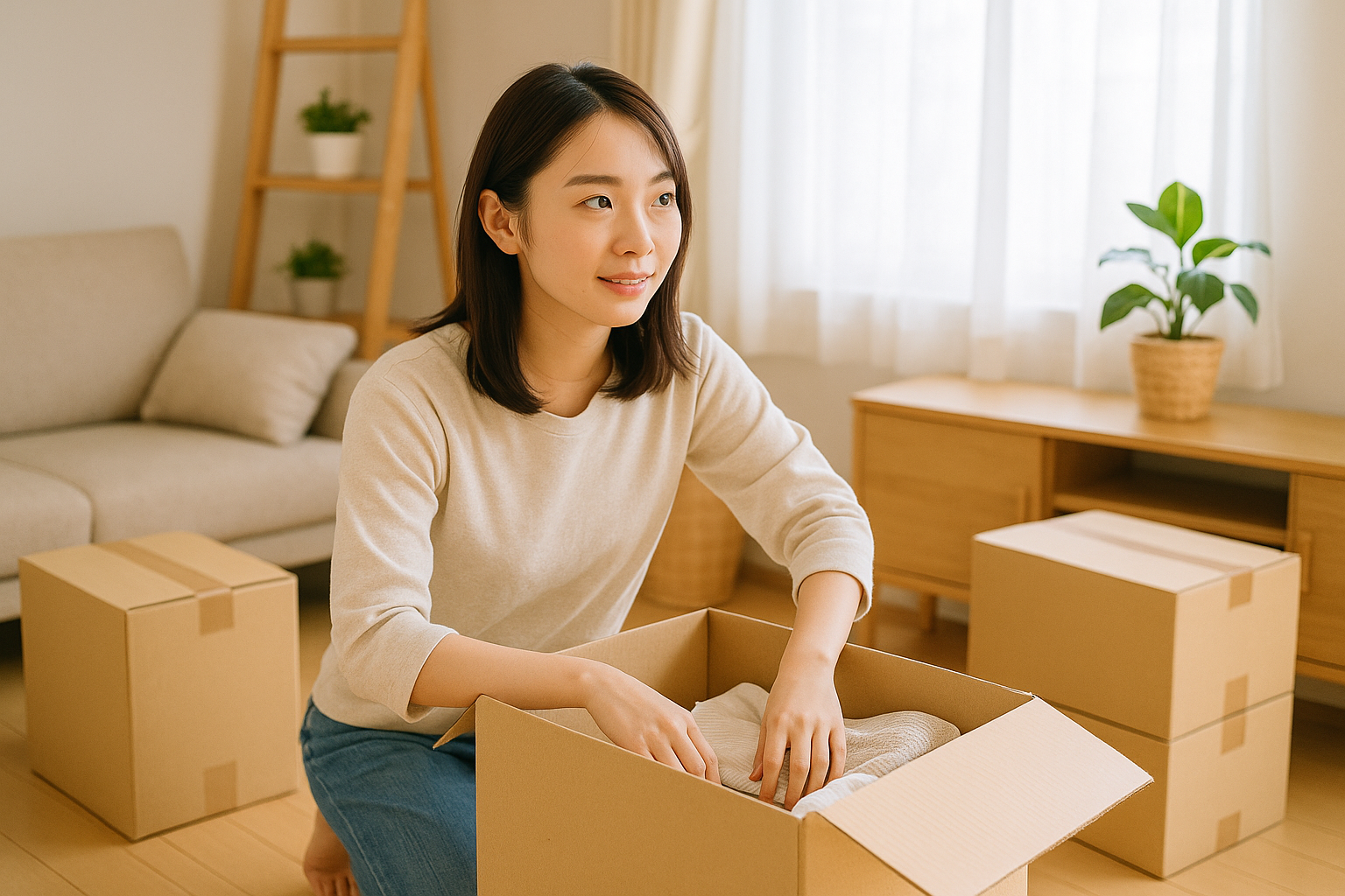 部屋の中で引っ越し準備をしている20代の日本人女性。