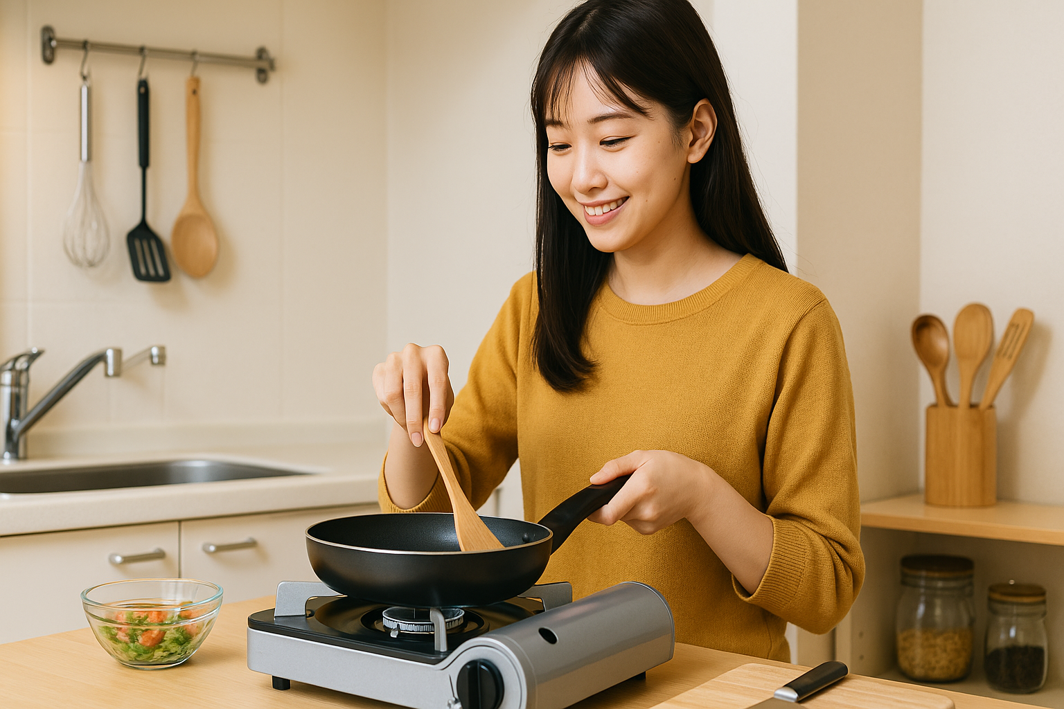 カセットコンロで調理する女性