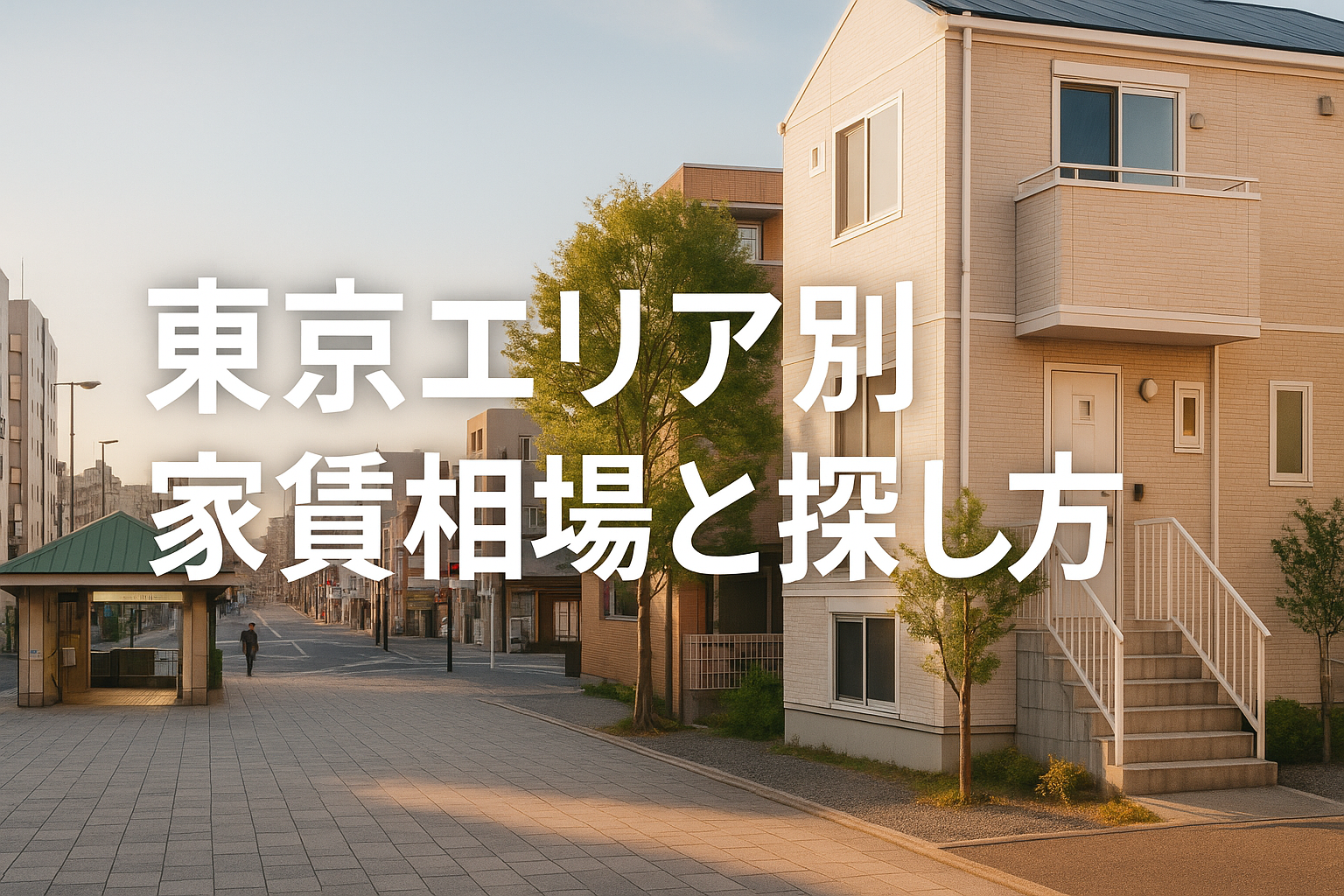 東京の郊外エリアの駅前風景と近くにある安い個室シェアハウスの外観