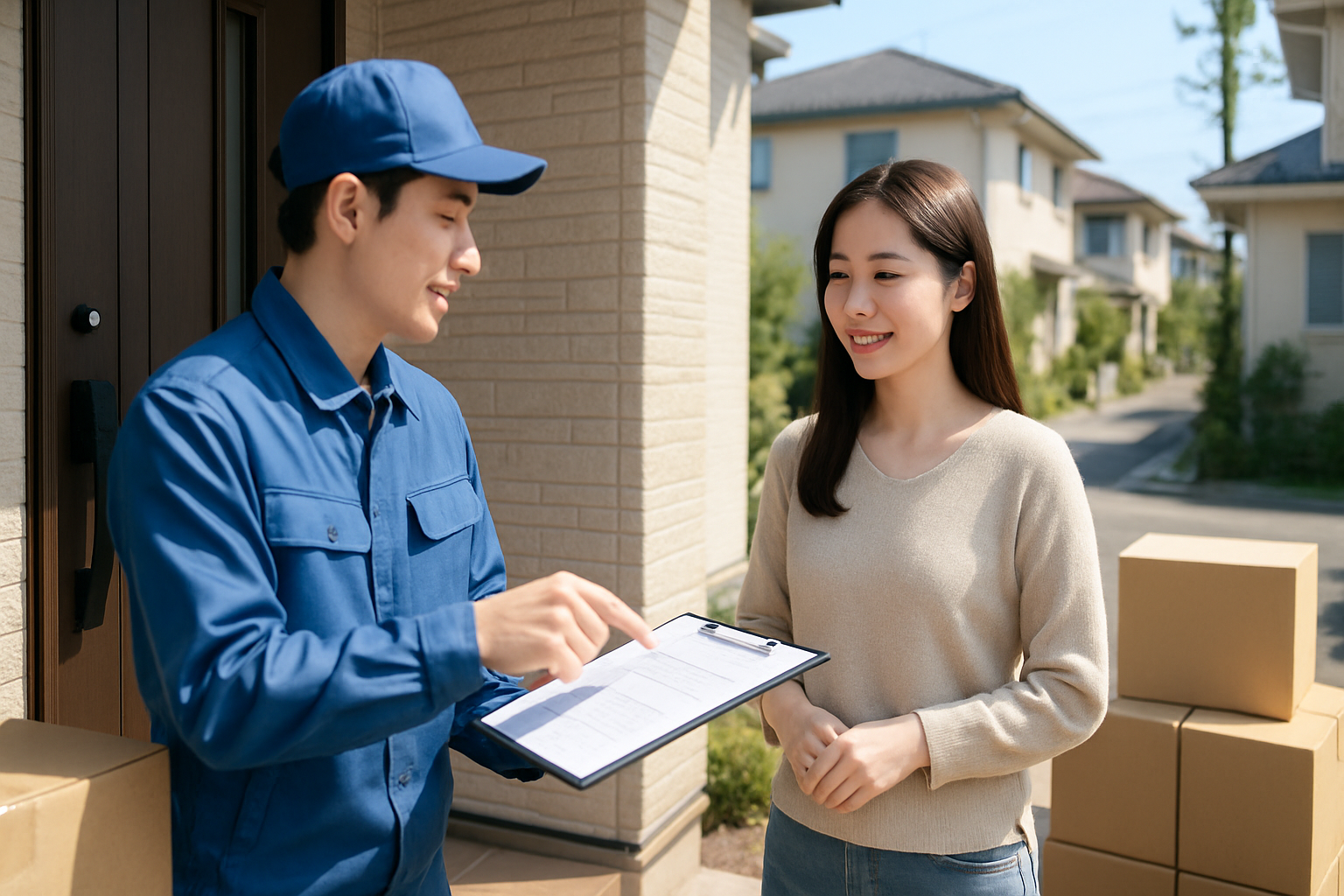 引っ越し業者と話す女性