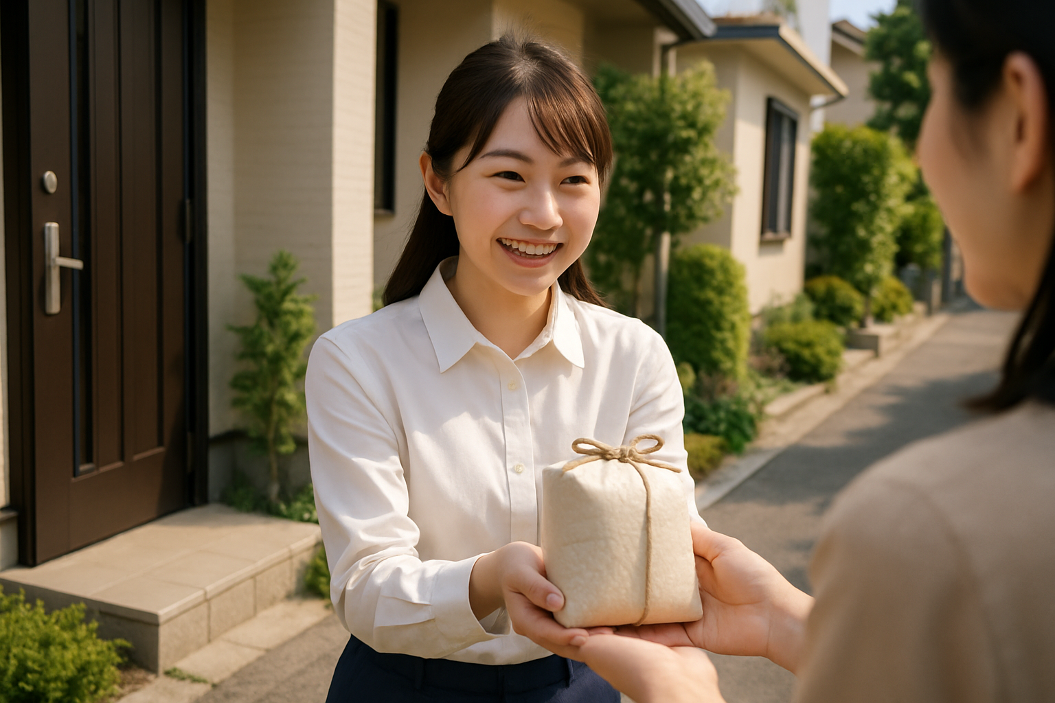 引っ越しの挨拶をしている女性