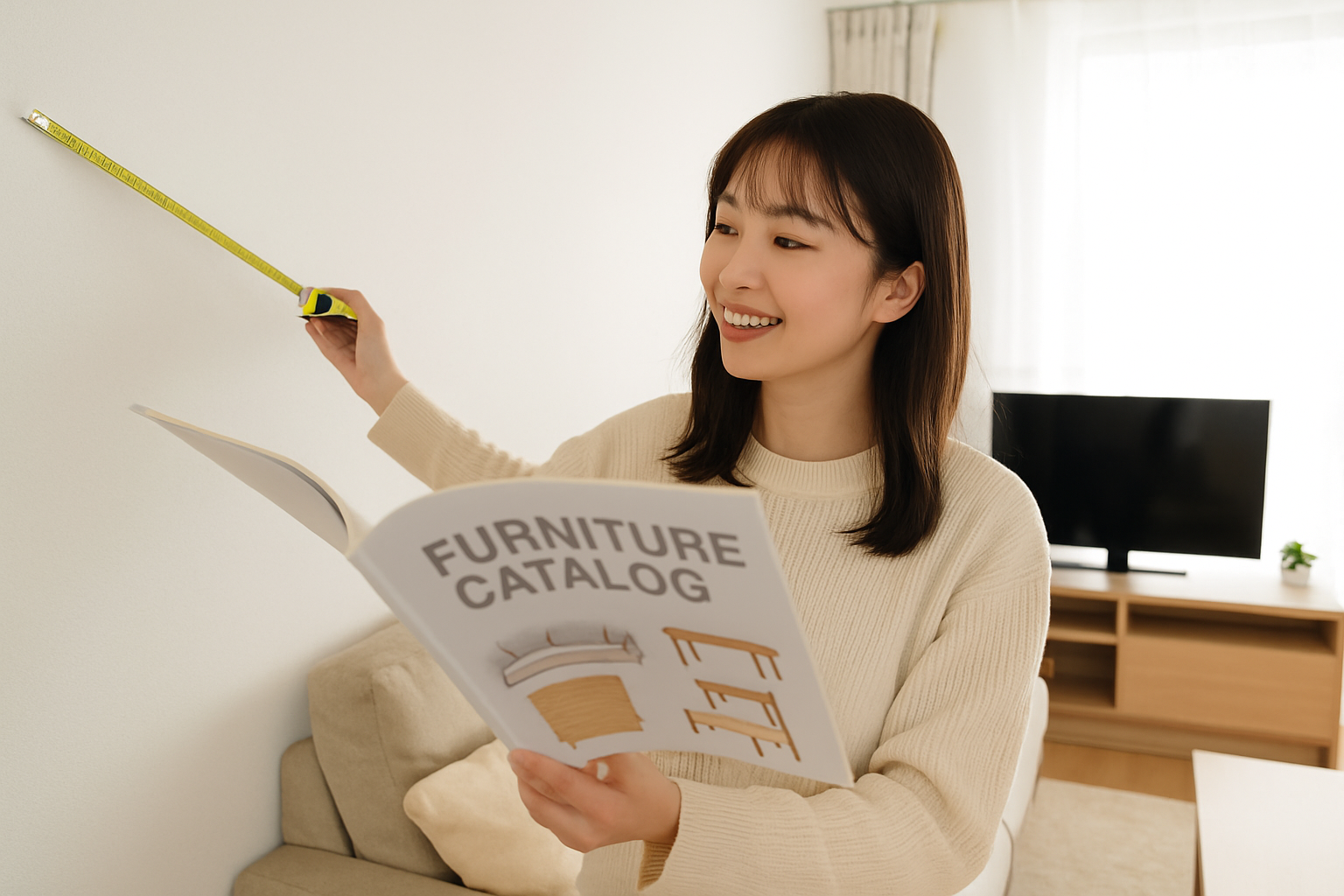 部屋の寸法をはかり家具を選ぶ女性