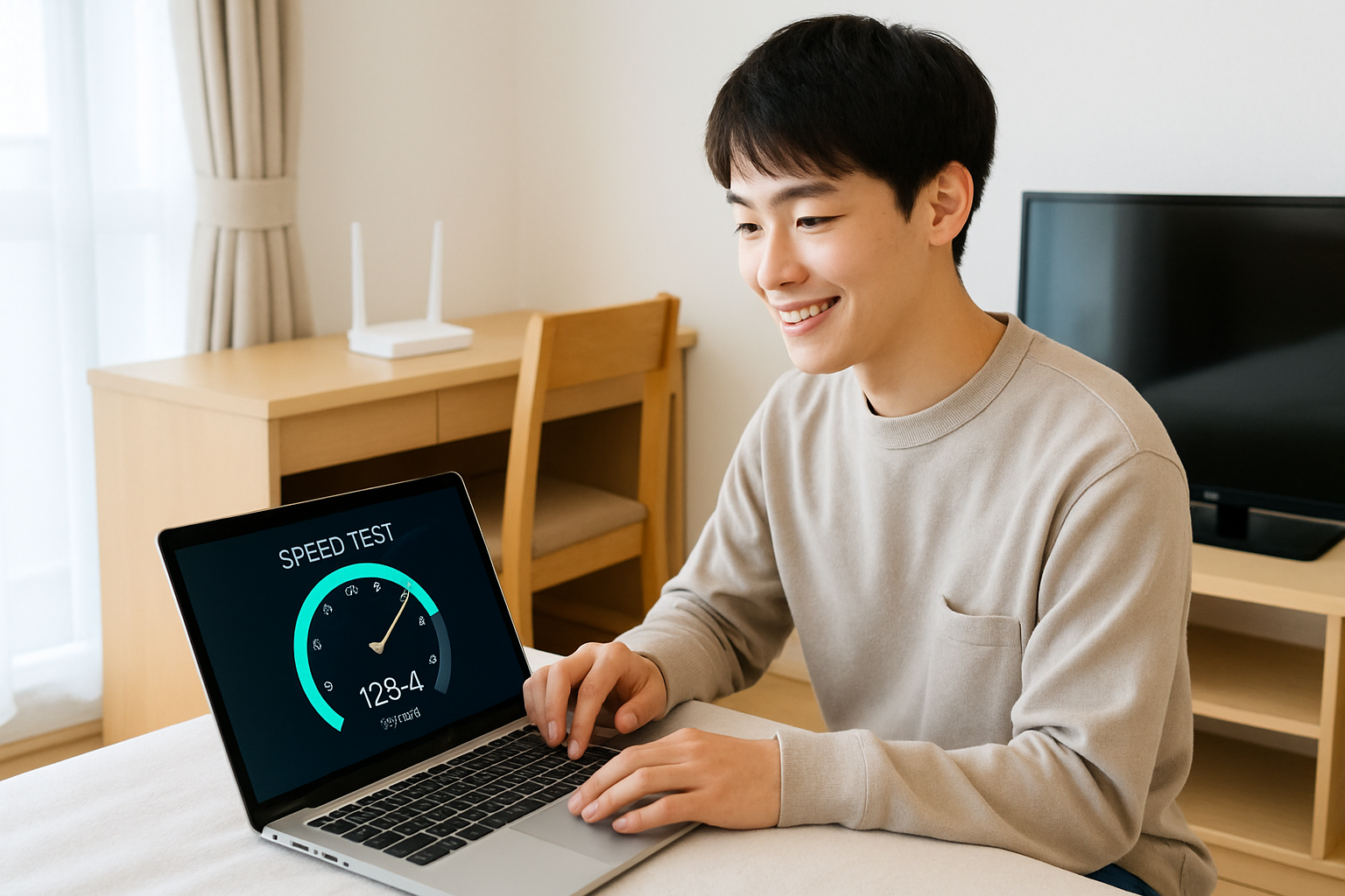 wifiのスピードテストをする学生