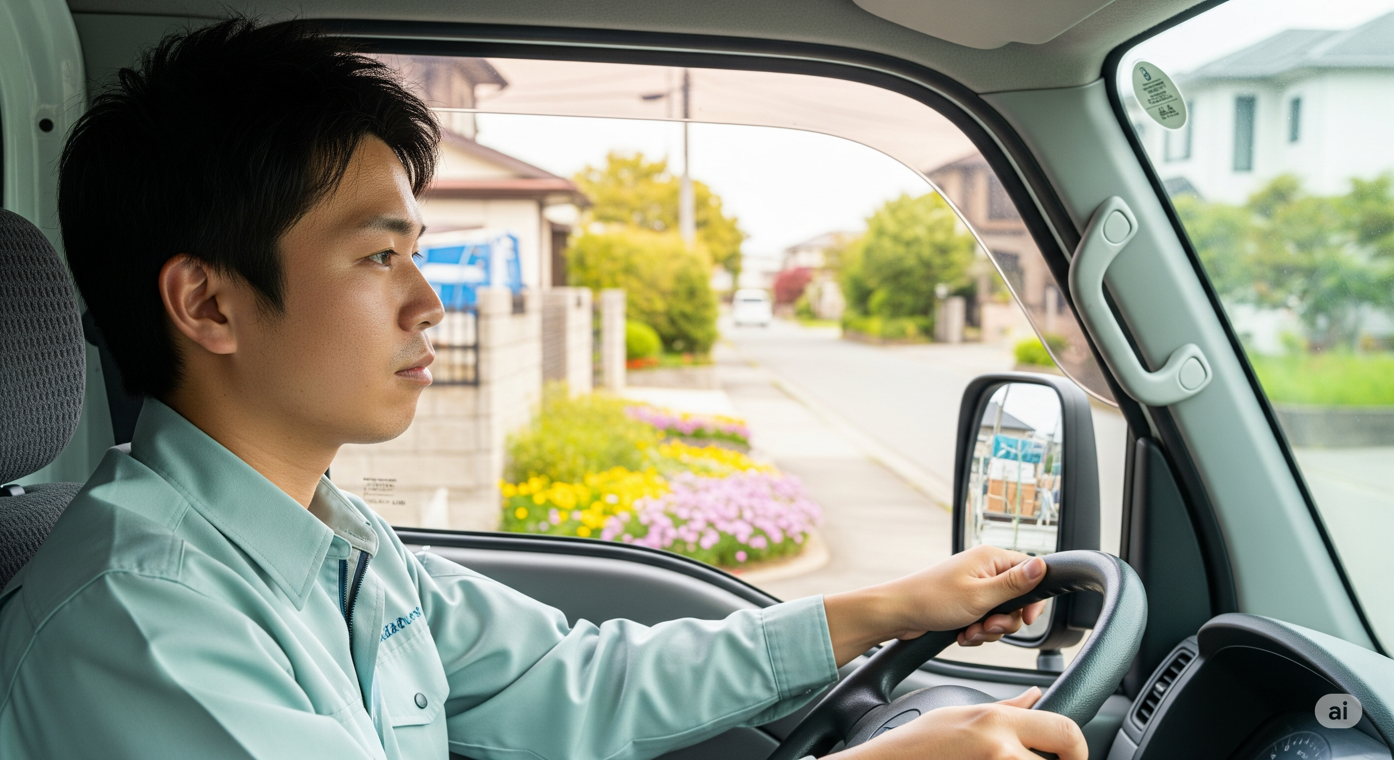 軽トラックを運転する20代の日本人男性の横顔と、サイドミラーに映る荷台の荷物の様子